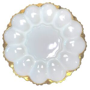 Vintage Anchor Hocking Deviled Egg/Oyster Plate Milk Glass Gold Rim MCM